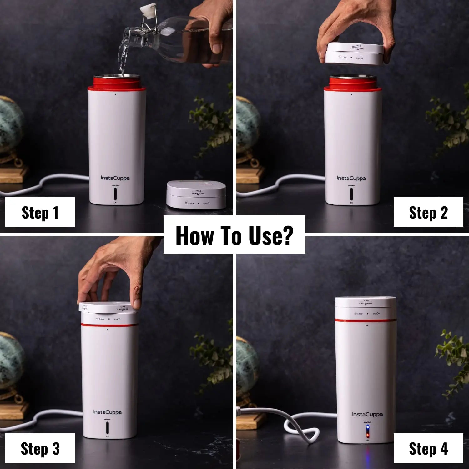 InstaCuppa Portable Electric Kettle, Travel Electric Water Bottle For Boiling Hot Water, Automatic Shut Off, Dry Boil Protection, 500 ML, 300 Watts 
