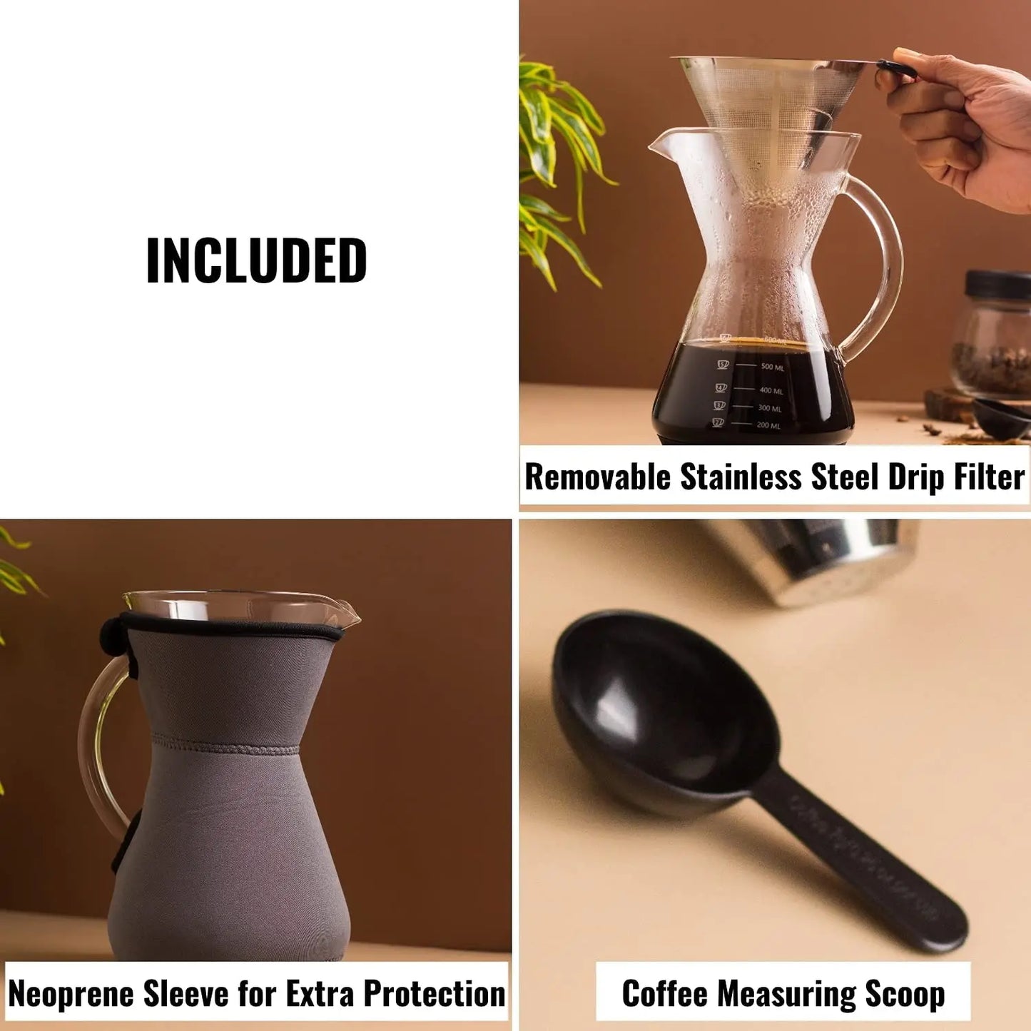 InstaCuppa Pour Over Drip Coffee Maker with Borosilicate Glass Carafe, Stainless Steel Filter Dripper, Silicone Sleeve for Extra Protection, 800 ML 