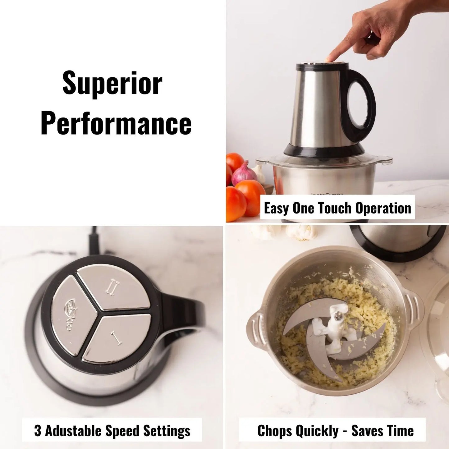 InstaCuppa Premium Electric Chopper with 3 Unique Attachments - Garlic Peeler, Stainless Steel Chopping Blades, Egg Beater - 3 Adjustable Speed Settings, Easy To Grip Handle, Unbreakable Bowl, 2000 ML 