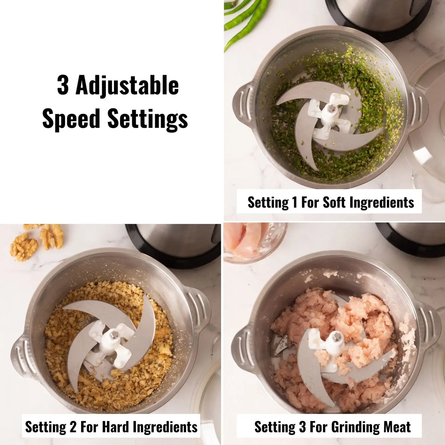 InstaCuppa Premium Electric Chopper with 3 Unique Attachments - Garlic Peeler, Stainless Steel Chopping Blades, Egg Beater - 3 Adjustable Speed Settings, Easy To Grip Handle, Unbreakable Bowl, 2000 ML 