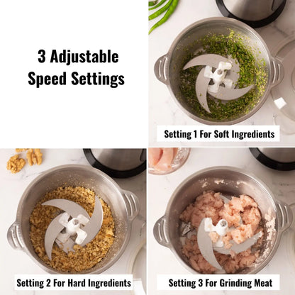 InstaCuppa Premium Electric Chopper with 3 Unique Attachments - Garlic Peeler, Stainless Steel Chopping Blades, Egg Beater - 3 Adjustable Speed Settings, Easy To Grip Handle, Unbreakable Bowl, 2000 ML 