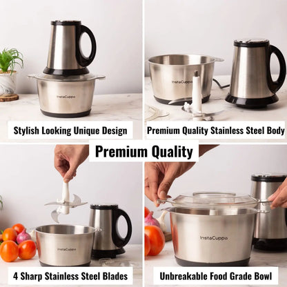 InstaCuppa Premium Electric Chopper with 3 Unique Attachments - Garlic Peeler, Stainless Steel Chopping Blades, Egg Beater - 3 Adjustable Speed Settings, Easy To Grip Handle, Unbreakable Bowl, 2000 ML 
