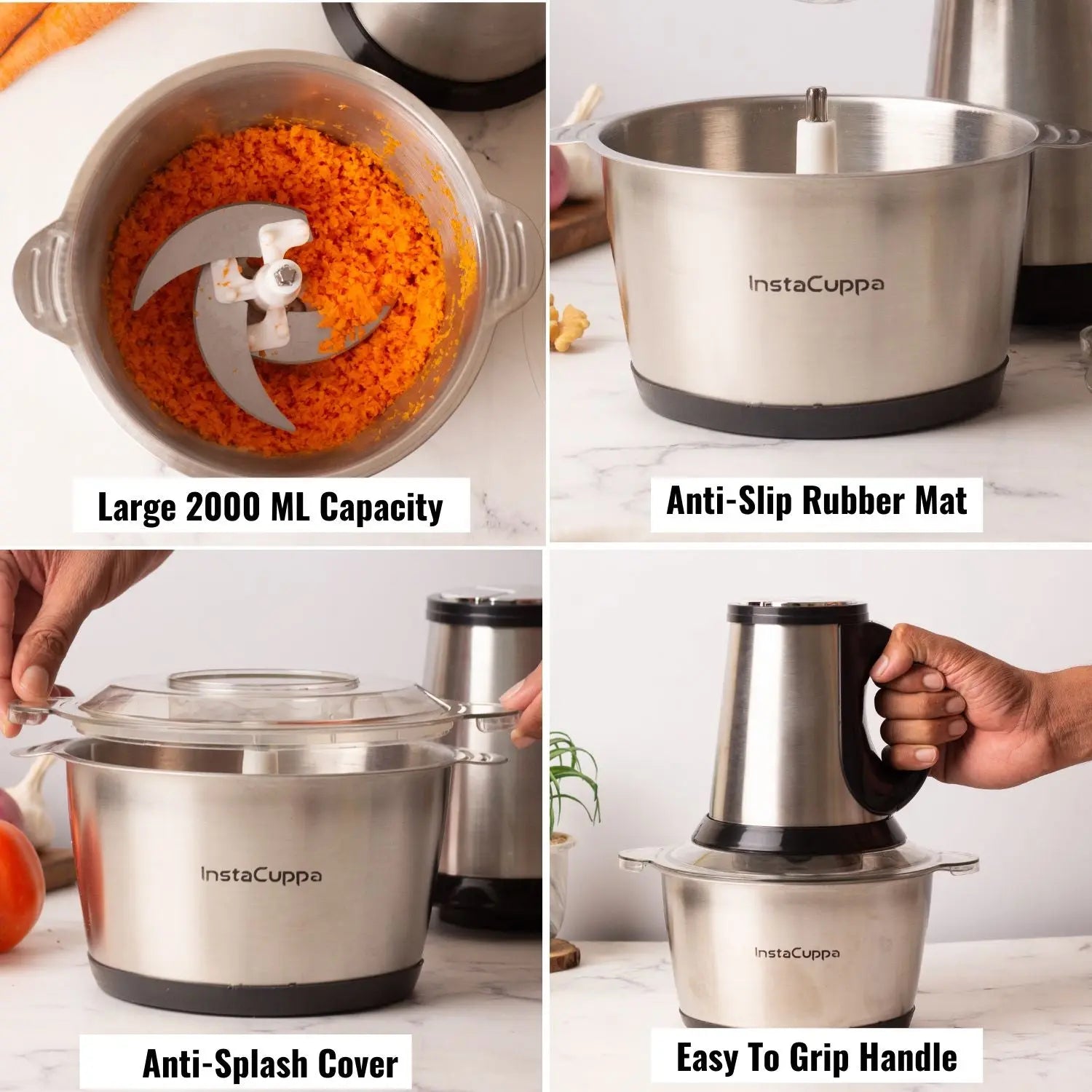 InstaCuppa Premium Electric Chopper with 3 Unique Attachments - Garlic Peeler, Stainless Steel Chopping Blades, Egg Beater - 3 Adjustable Speed Settings, Easy To Grip Handle, Unbreakable Bowl, 2000 ML 