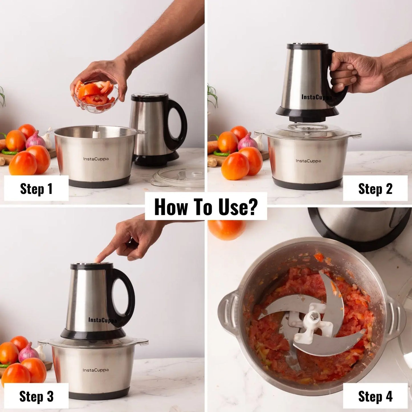 InstaCuppa Premium Electric Chopper with 3 Unique Attachments - Garlic Peeler, Stainless Steel Chopping Blades, Egg Beater - 3 Adjustable Speed Settings, Easy To Grip Handle, Unbreakable Bowl, 2000 ML 