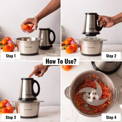 InstaCuppa Premium Electric Chopper with 3 Unique Attachments - Garlic Peeler, Stainless Steel Chopping Blades, Egg Beater - 3 Adjustable Speed Settings, Easy To Grip Handle, Unbreakable Bowl, 2000 ML 