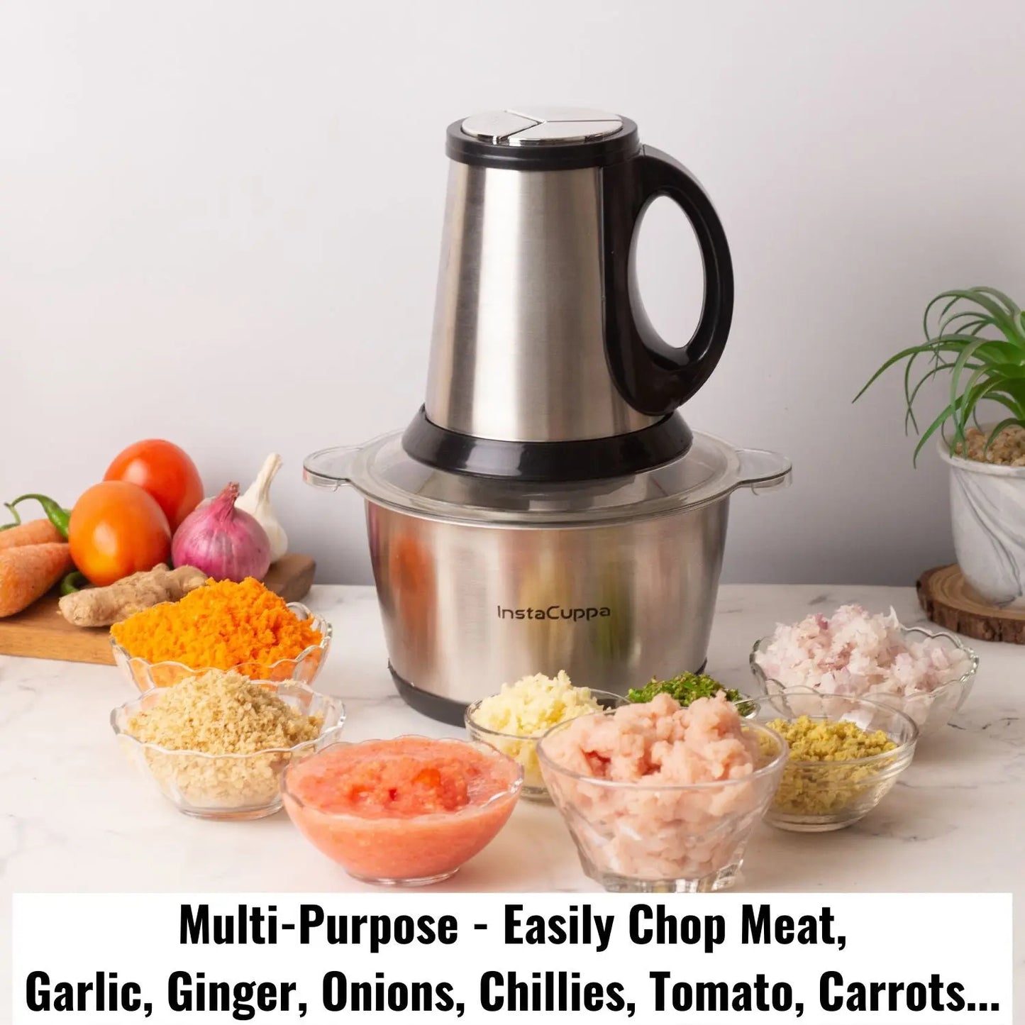 InstaCuppa Premium Electric Chopper with 3 Unique Attachments - Garlic Peeler, Stainless Steel Chopping Blades, Egg Beater - 3 Adjustable Speed Settings, Easy To Grip Handle, Unbreakable Bowl, 2000 ML 