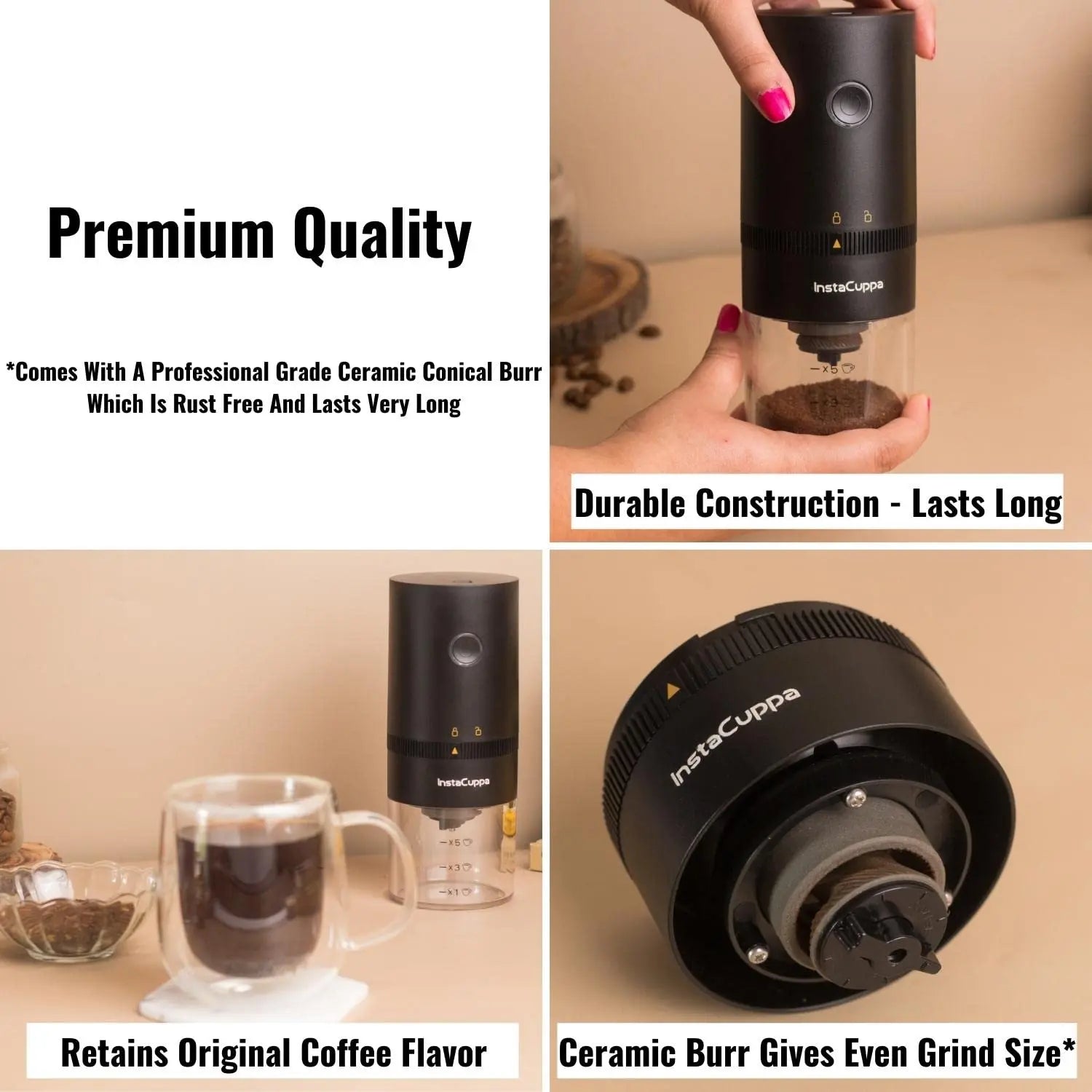 InstaCuppa Rechargeable Coffee Grinder with Conical Ceramic Burr Mill, Adjustable Grind Settings, Simple One-click ON/OFF Operation, Easy To Carry 
