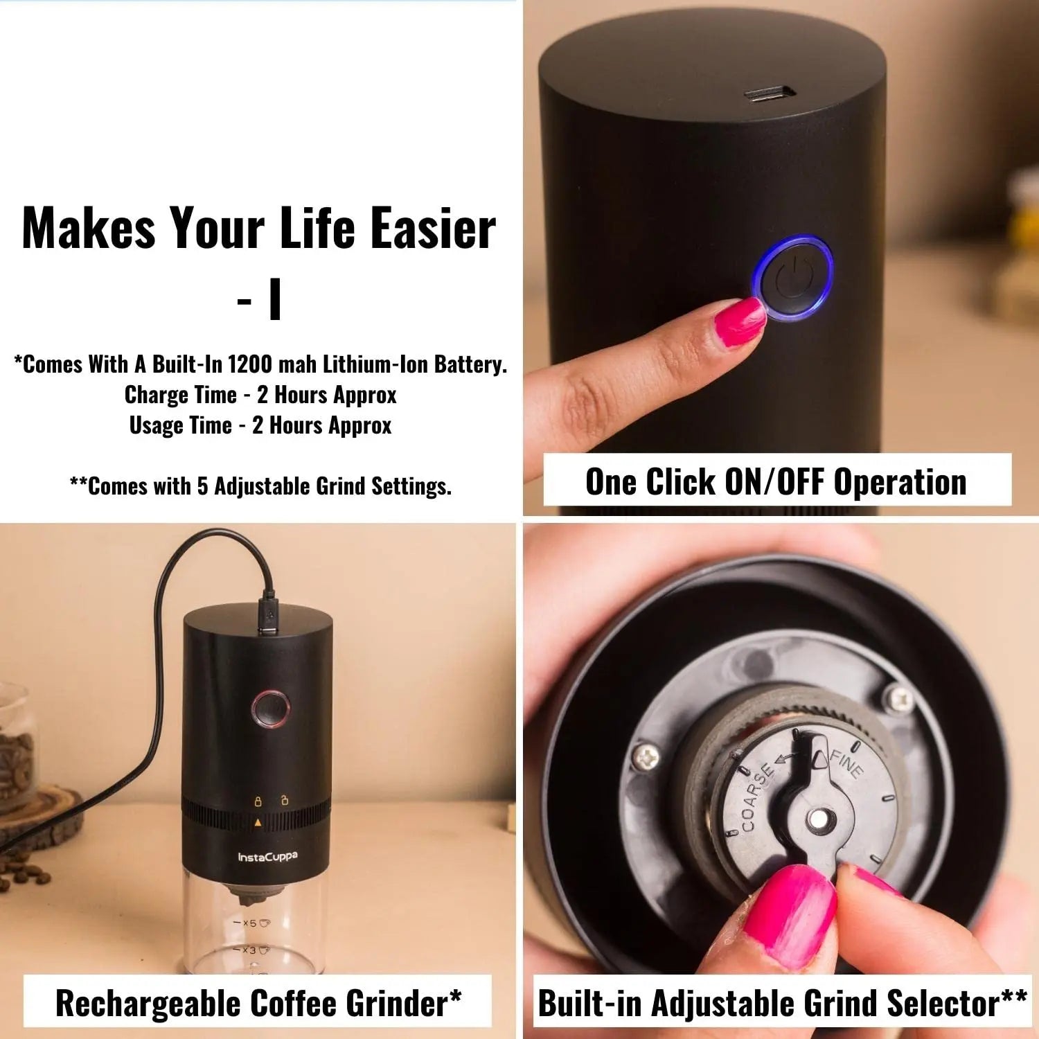 InstaCuppa Rechargeable Coffee Grinder with Conical Ceramic Burr Mill, Adjustable Grind Settings, Simple One-click ON/OFF Operation, Easy To Carry 