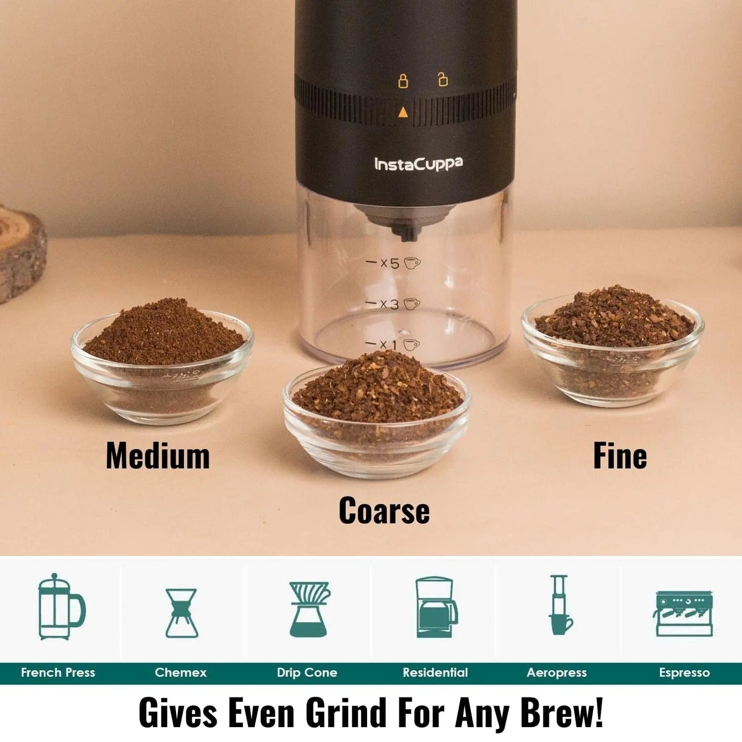 InstaCuppa Rechargeable Coffee Grinder with Conical Ceramic Burr Mill, Adjustable Grind Settings, Simple One-click ON/OFF Operation, Easy To Carry 