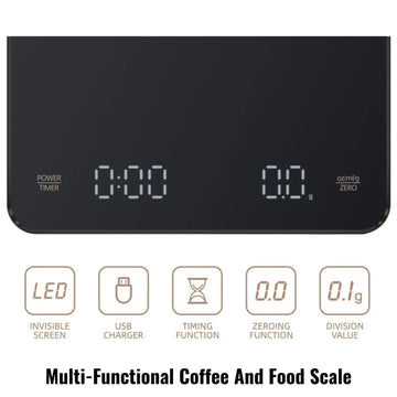 InstaCuppa Rechargeable Coffee Scale For Your Pour Over Coffee Maker with LED Display, Timer, Tare Function, Unit Conversion, 0.1g Scale Interval
