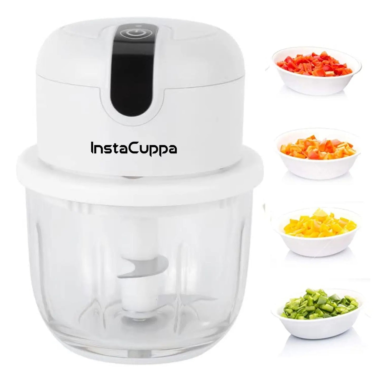 InstaCuppa Rechargeable Mini Electric Chopper, Chops In Less Than 10secs, Simple One Touch Operation, Long Battery Life, Easy To Carry Around  350 ML / White