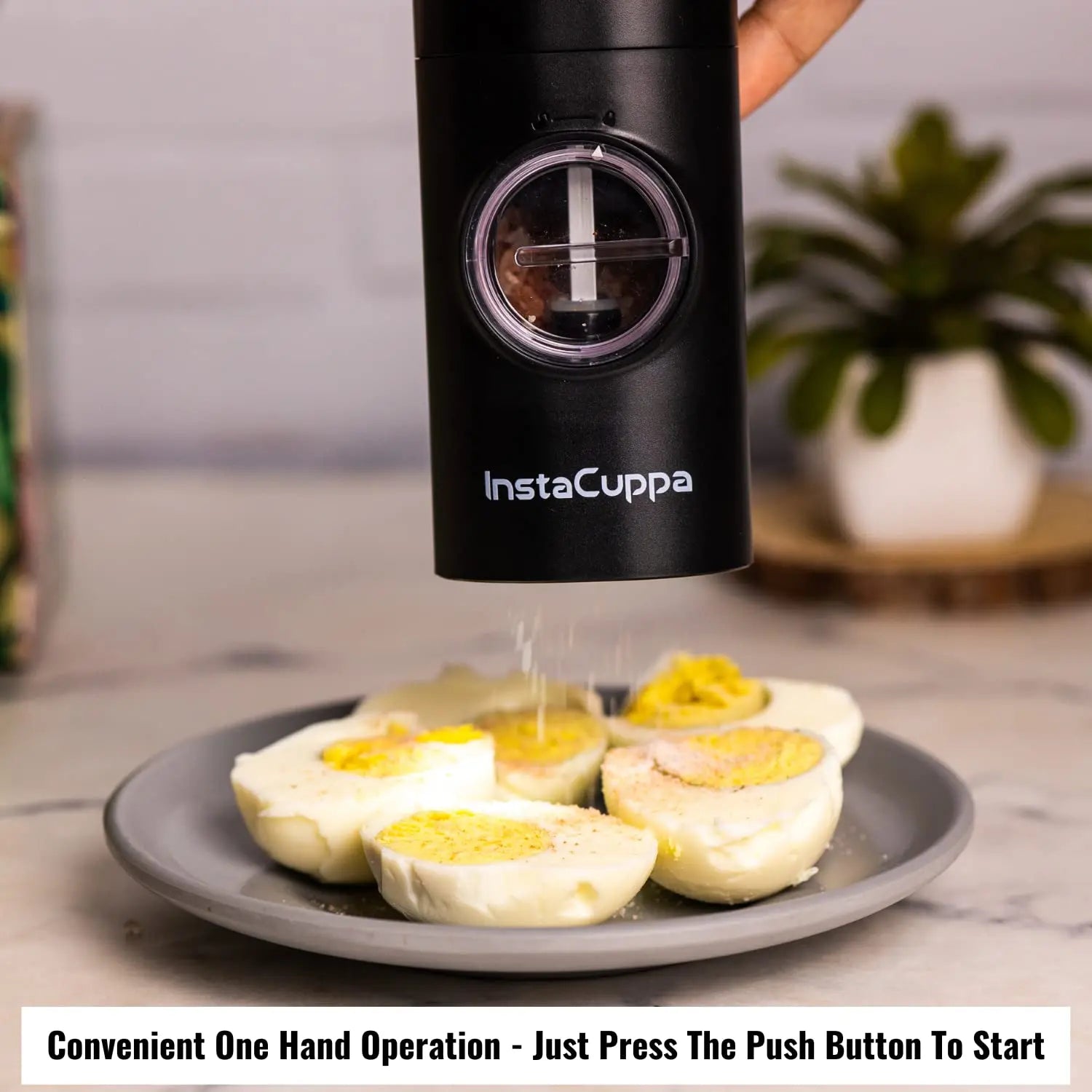 InstaCuppa Rechargeable Salt Pepper Grinder - One-Click to Trigger Grinding, Rechargeable Automatic Mill with Adjustable Coarseness - Black Peppercorns, Sea Salt Pepper Shakers 