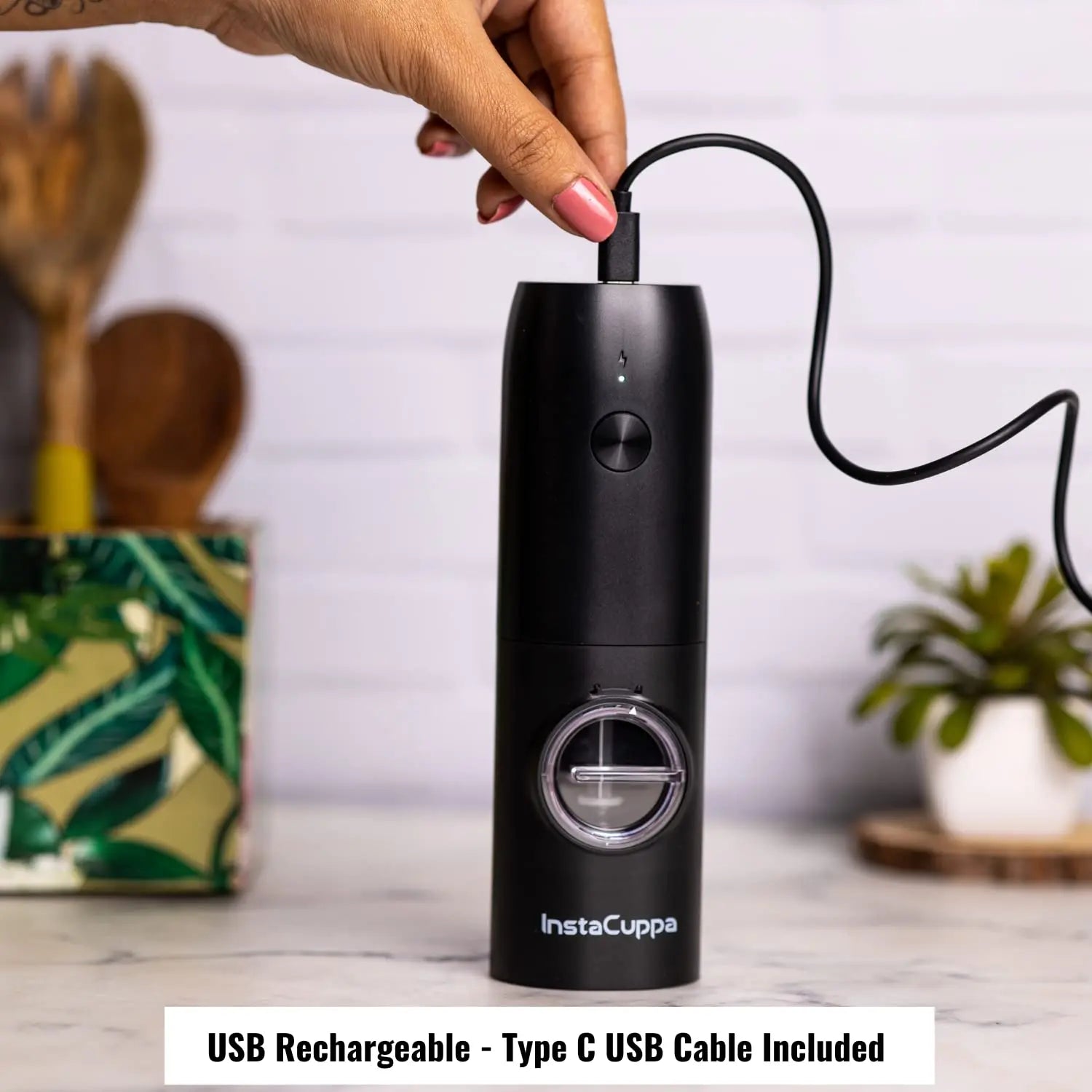 InstaCuppa Rechargeable Salt Pepper Grinder - One-Click to Trigger Grinding, Rechargeable Automatic Mill with Adjustable Coarseness - Black Peppercorns, Sea Salt Pepper Shakers 