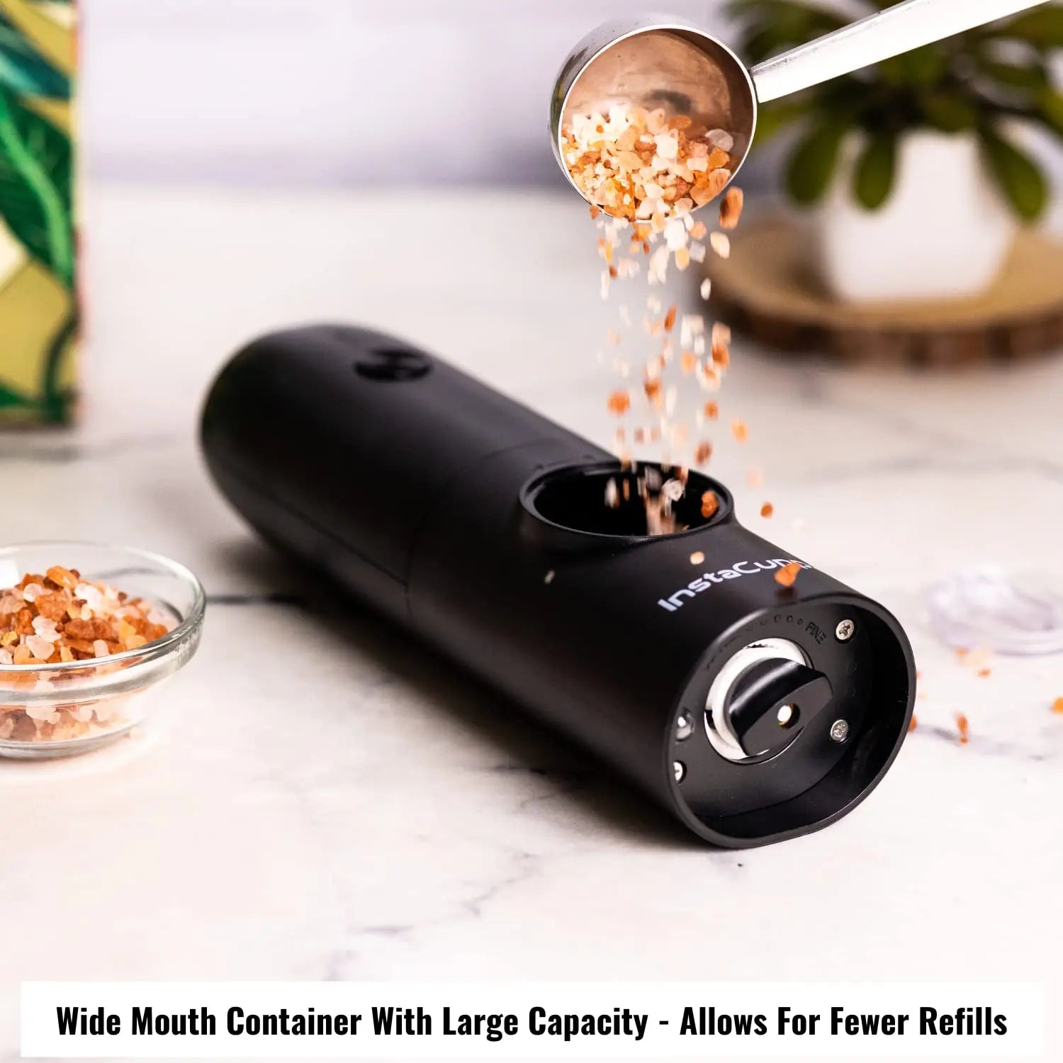 InstaCuppa Rechargeable Salt Pepper Grinder - One-Click to Trigger Grinding, Rechargeable Automatic Mill with Adjustable Coarseness - Black Peppercorns, Sea Salt Pepper Shakers 