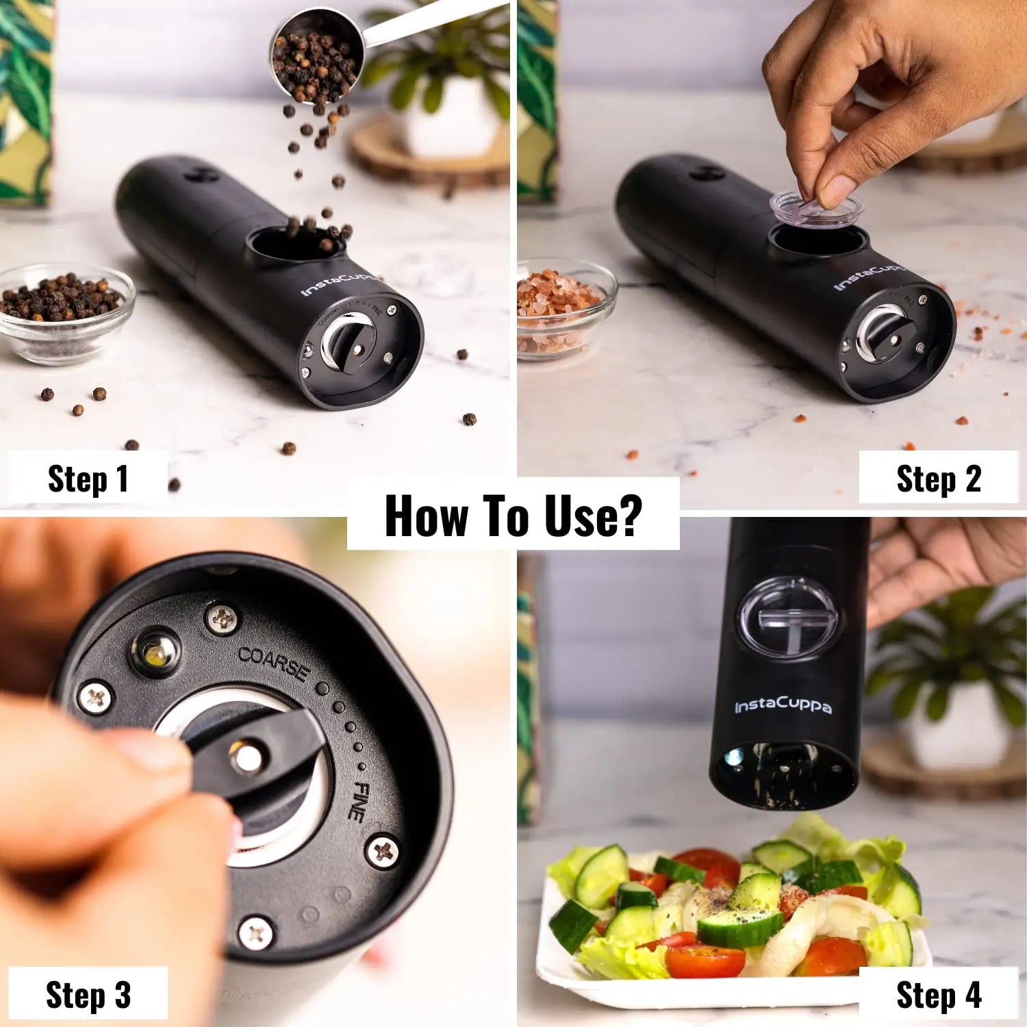 InstaCuppa Rechargeable Salt Pepper Grinder - One-Click to Trigger Grinding, Rechargeable Automatic Mill with Adjustable Coarseness - Black Peppercorns, Sea Salt Pepper Shakers 