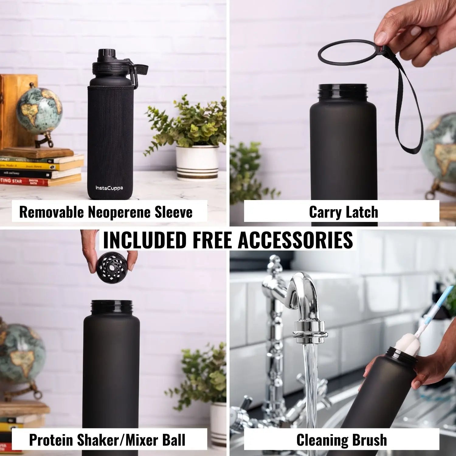 InstaCuppa Sipper Water Bottle with Motivational Time Markings, Neoprene Sleeve, Cleaning Brush, Protein Shaker Ball, BPA Free PCTG Plastic, 1 Liter 