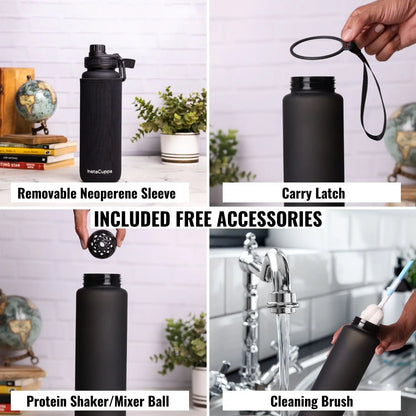 InstaCuppa Sipper Water Bottle with Motivational Time Markings, Neoprene Sleeve, Cleaning Brush, Protein Shaker Ball, BPA Free PCTG Plastic, 1 Liter 