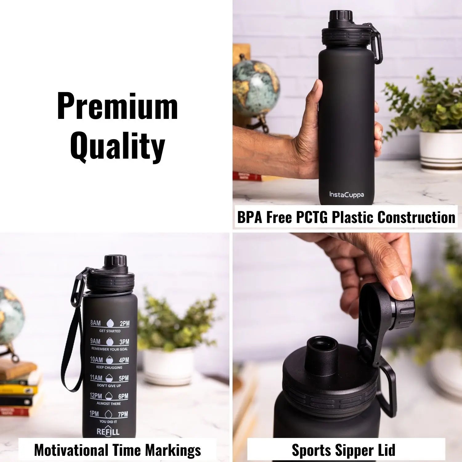InstaCuppa Sipper Water Bottle with Motivational Time Markings, Neoprene Sleeve, Cleaning Brush, Protein Shaker Ball, BPA Free PCTG Plastic, 1 Liter 