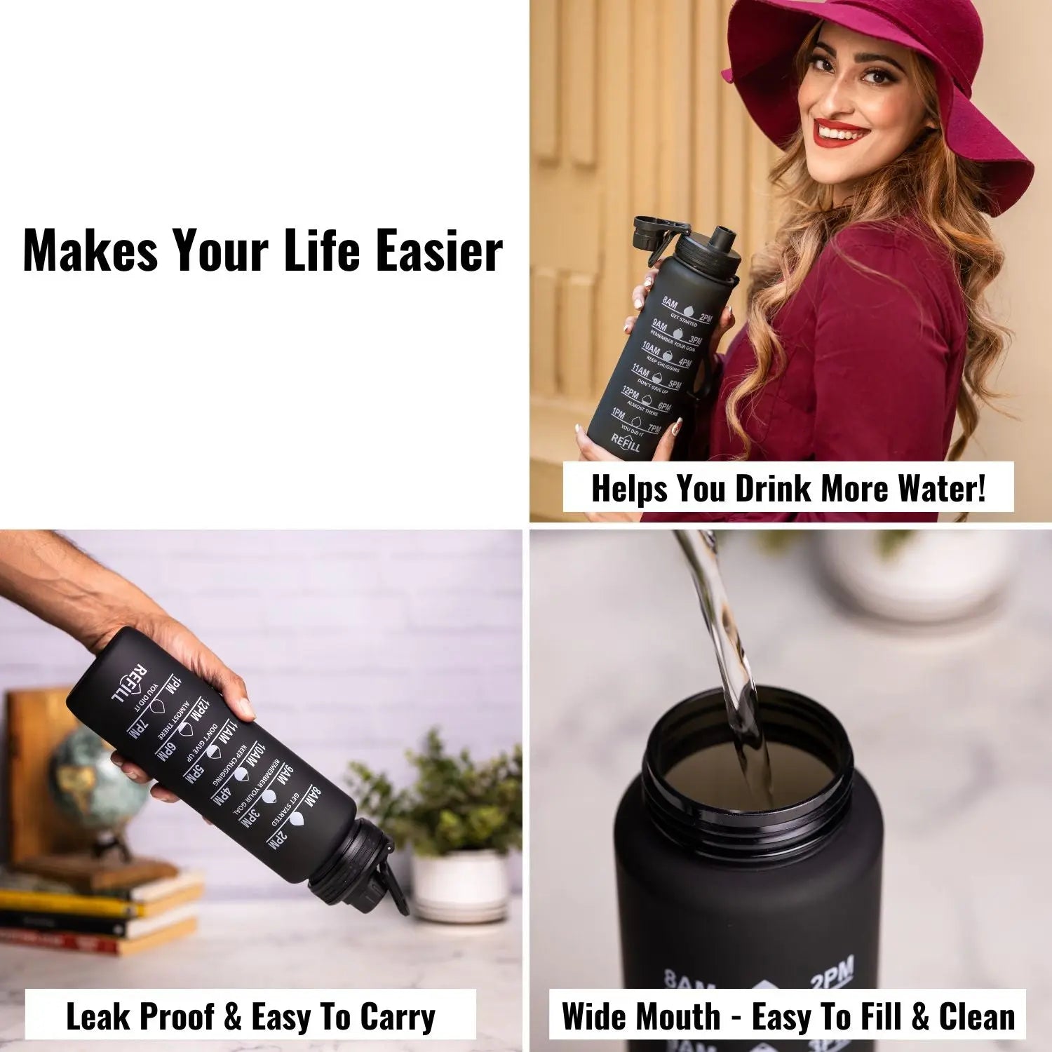 InstaCuppa Sipper Water Bottle with Motivational Time Markings, Neoprene Sleeve, Cleaning Brush, Protein Shaker Ball, BPA Free PCTG Plastic, 1 Liter 