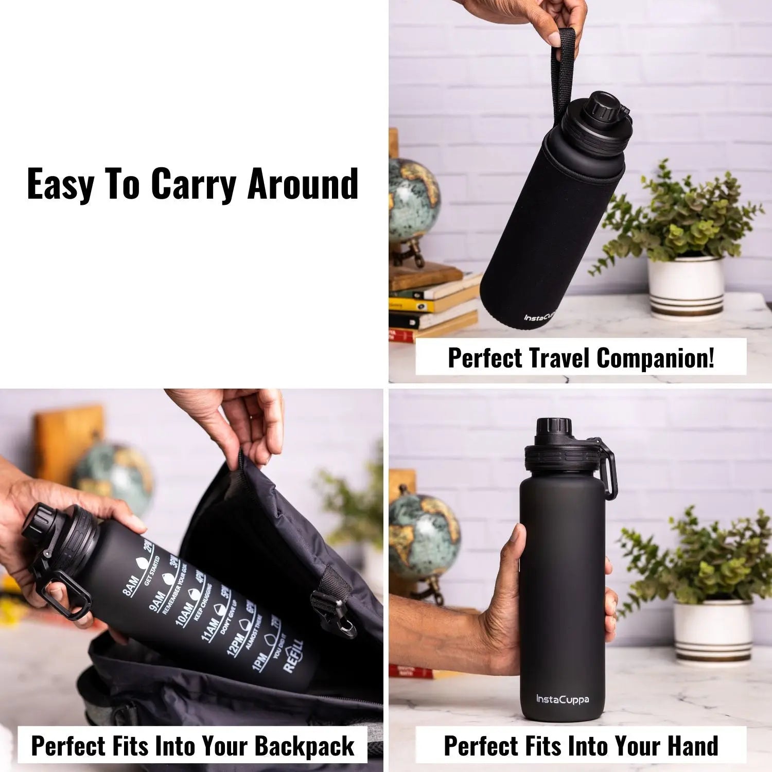 InstaCuppa Sipper Water Bottle with Motivational Time Markings, Neoprene Sleeve, Cleaning Brush, Protein Shaker Ball, BPA Free PCTG Plastic, 1 Liter 