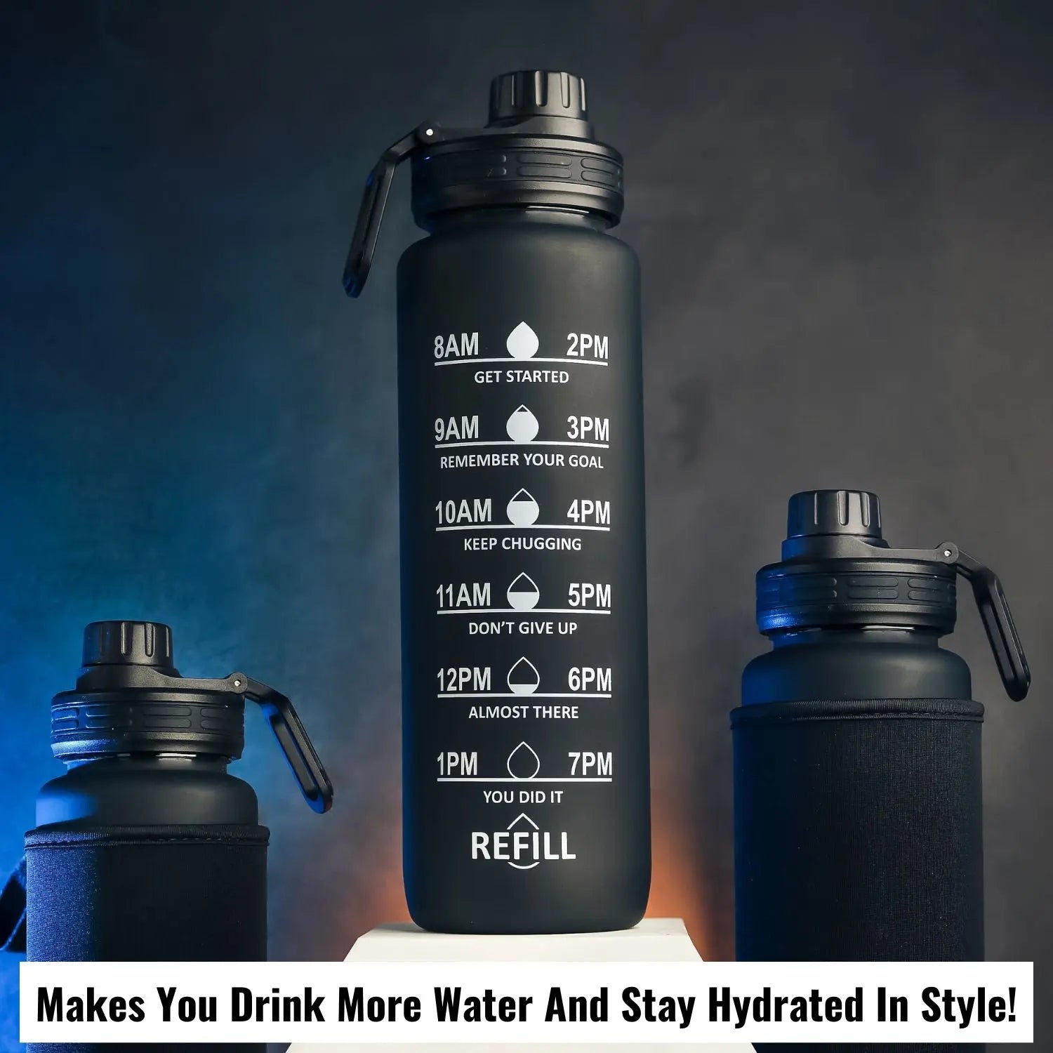InstaCuppa Sipper Water Bottle with Motivational Time Markings, Neoprene Sleeve, Cleaning Brush, Protein Shaker Ball, BPA Free PCTG Plastic, 1 Liter 
