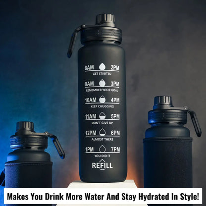 InstaCuppa Sipper Water Bottle with Motivational Time Markings, Neoprene Sleeve, Cleaning Brush, Protein Shaker Ball, BPA Free PCTG Plastic, 1 Liter 