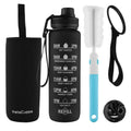 InstaCuppa Sipper Water Bottle with Motivational Time Markings, Neoprene Sleeve, Cleaning Brush, Protein Shaker Ball, BPA Free PCTG Plastic, 1 Liter