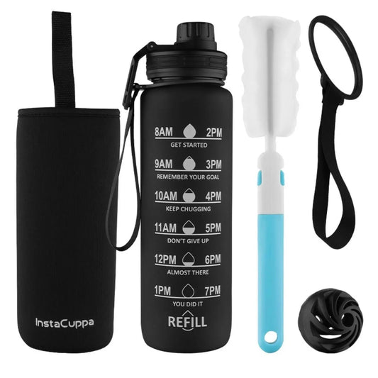InstaCuppa Sipper Water Bottle with Motivational Time Markings, Neoprene Sleeve, Cleaning Brush, Protein Shaker Ball, BPA Free PCTG Plastic, 1 Liter  1000 ML / Black
