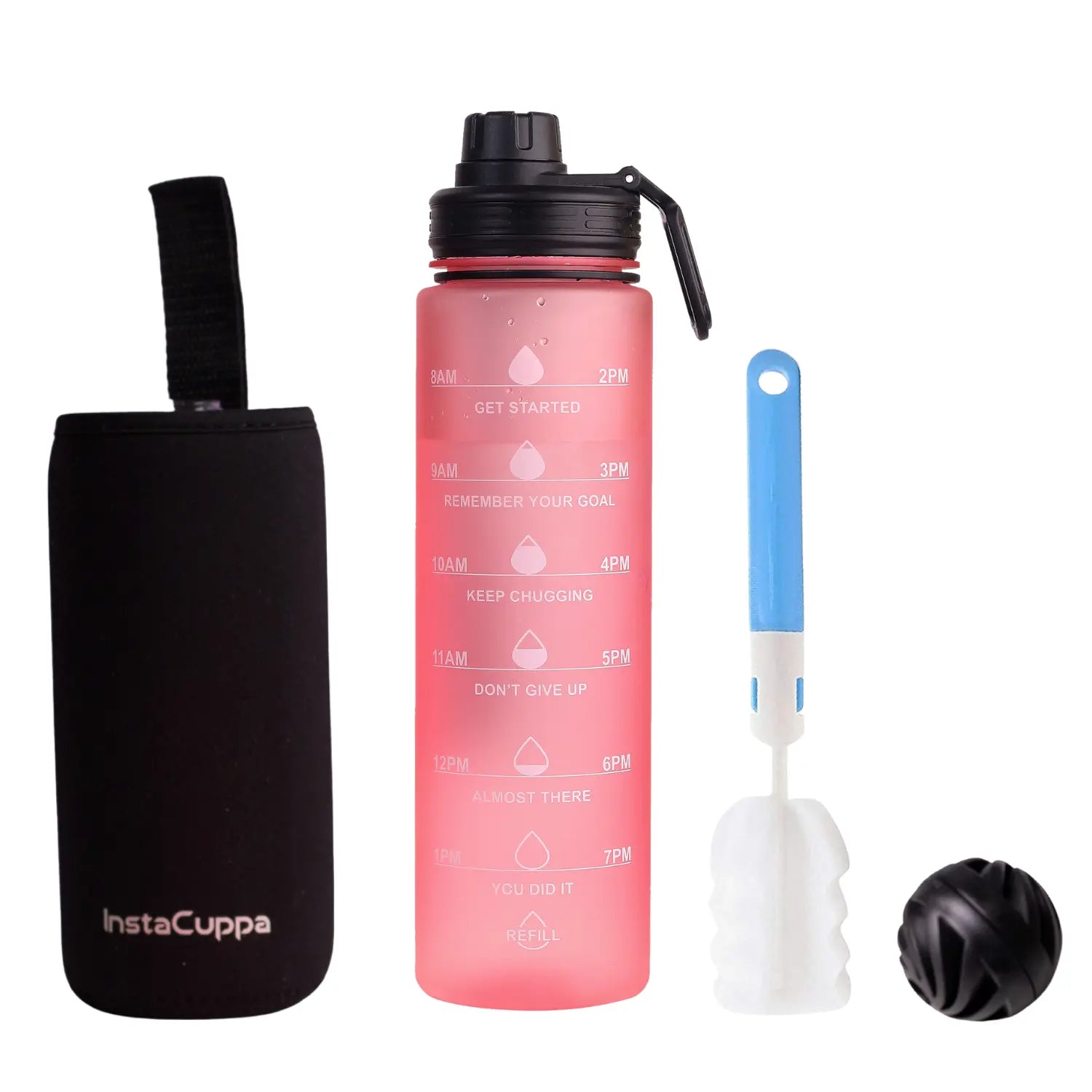 InstaCuppa Sipper Water Bottle with Motivational Time Markings, Neoprene Sleeve, Cleaning Brush, Protein Shaker Ball, BPA Free PCTG Plastic, 1 Liter  1000 ML / Pink