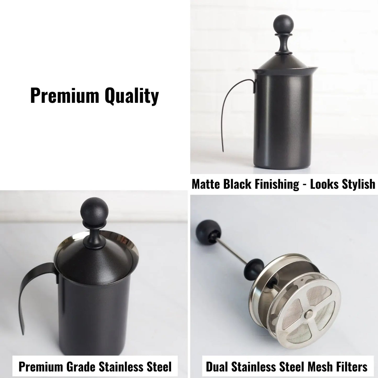 InstaCuppa Stainless Steel Manual Milk Frother, Foam Maker with Double Layer Mesh Plunger, Easy To Grip Handle 