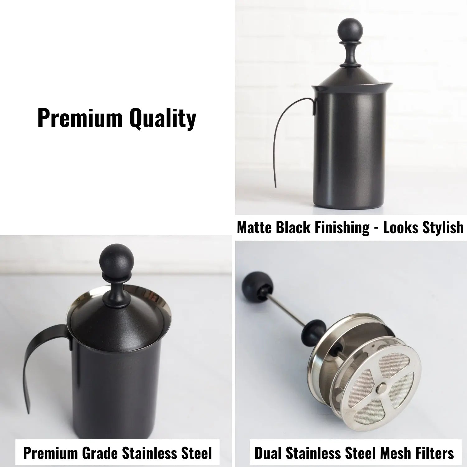 InstaCuppa Stainless Steel Manual Milk Frother, Foam Maker with Double Layer Mesh Plunger, Easy To Grip Handle 