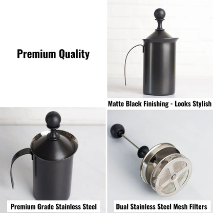 InstaCuppa Stainless Steel Manual Milk Frother, Foam Maker with Double Layer Mesh Plunger, Easy To Grip Handle 