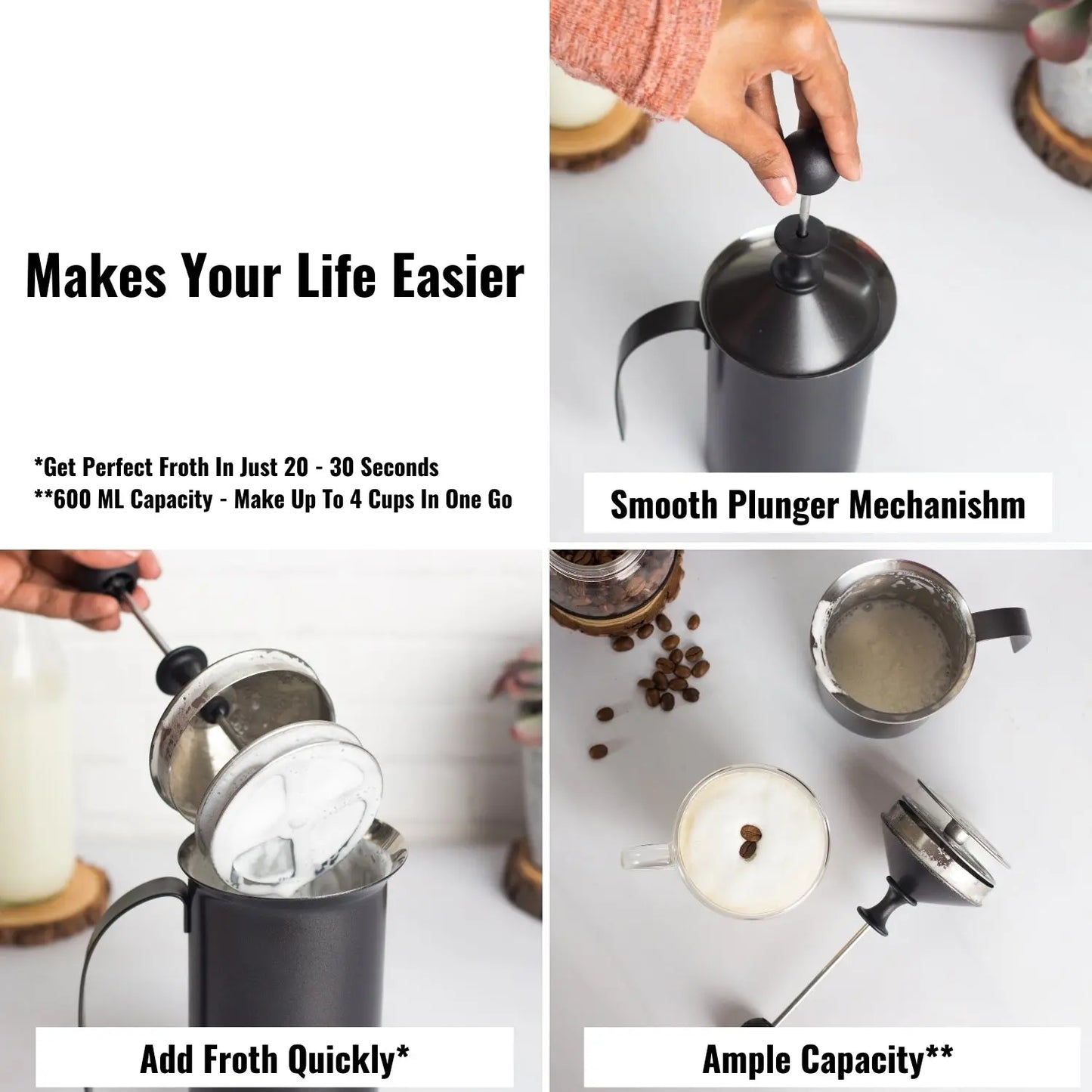 InstaCuppa Stainless Steel Manual Milk Frother, Foam Maker with Double Layer Mesh Plunger, Easy To Grip Handle 