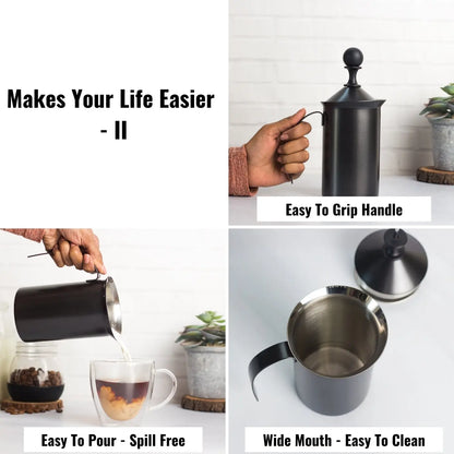 InstaCuppa Stainless Steel Manual Milk Frother, Foam Maker with Double Layer Mesh Plunger, Easy To Grip Handle 