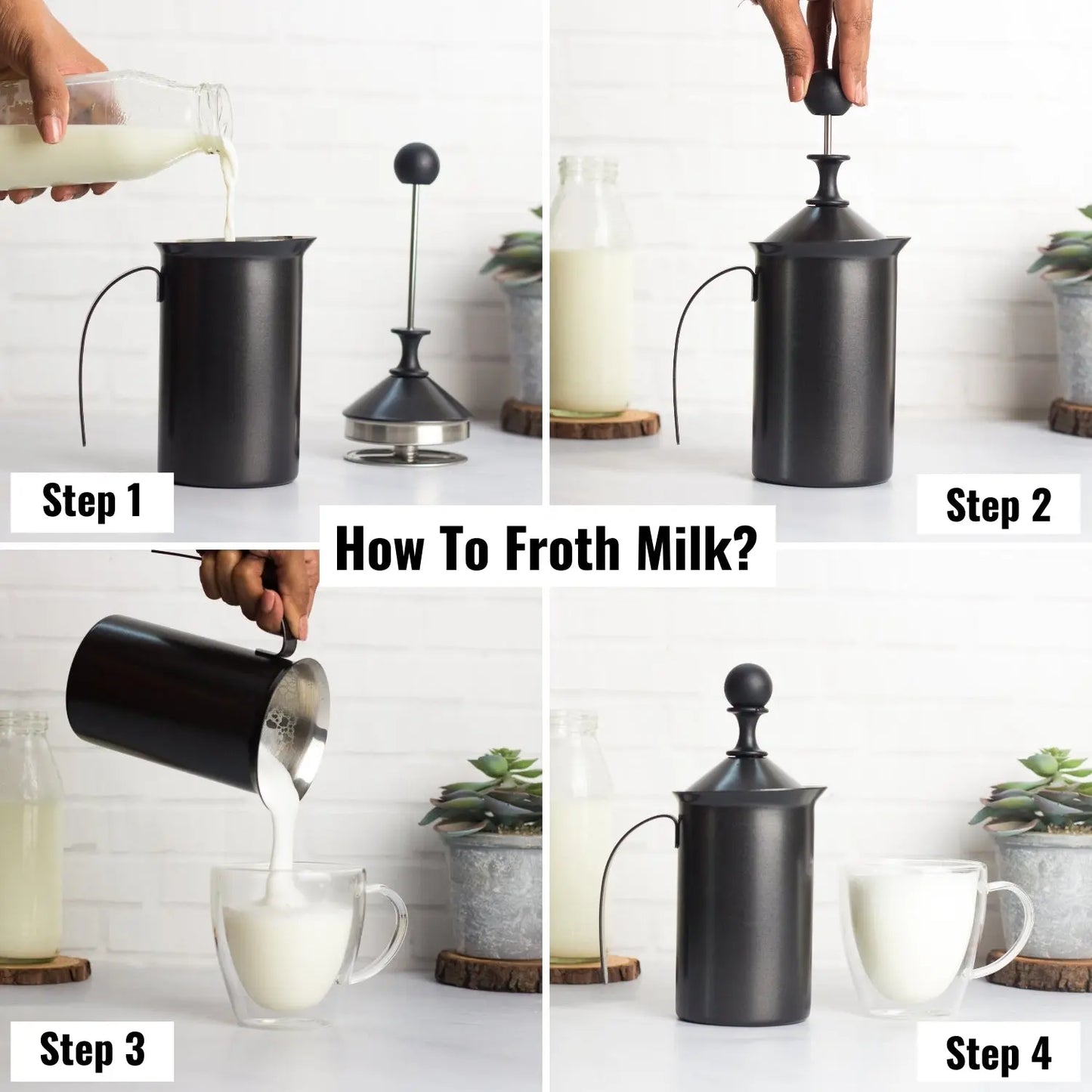 InstaCuppa Stainless Steel Manual Milk Frother, Foam Maker with Double Layer Mesh Plunger, Easy To Grip Handle 