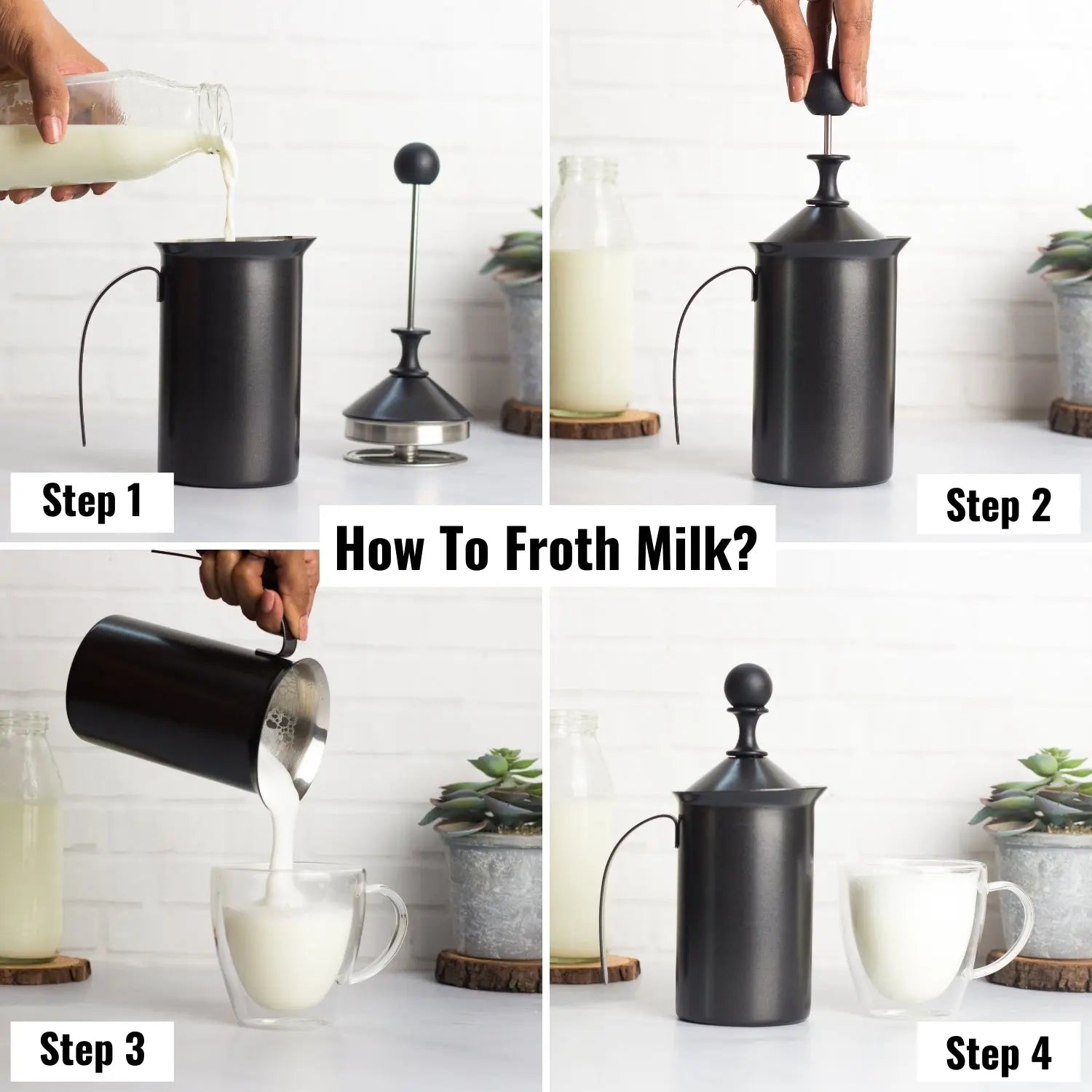 InstaCuppa Stainless Steel Manual Milk Frother, Foam Maker with Double Layer Mesh Plunger, Easy To Grip Handle 