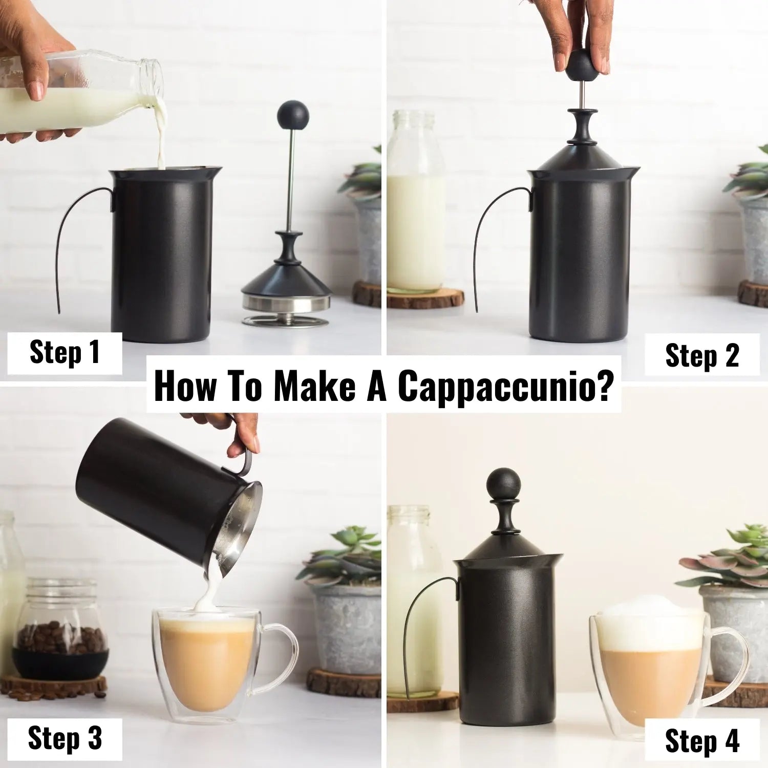 InstaCuppa Stainless Steel Manual Milk Frother, Foam Maker with Double Layer Mesh Plunger, Easy To Grip Handle 