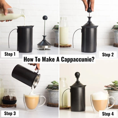 InstaCuppa Stainless Steel Manual Milk Frother, Foam Maker with Double Layer Mesh Plunger, Easy To Grip Handle 