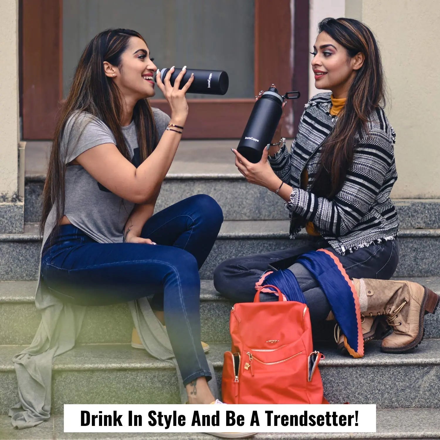 InstaCuppa Stainless Steel Thermos Flask Water Bottle with Sports Sipper Lid, Double Walled Vacuum Insulation 