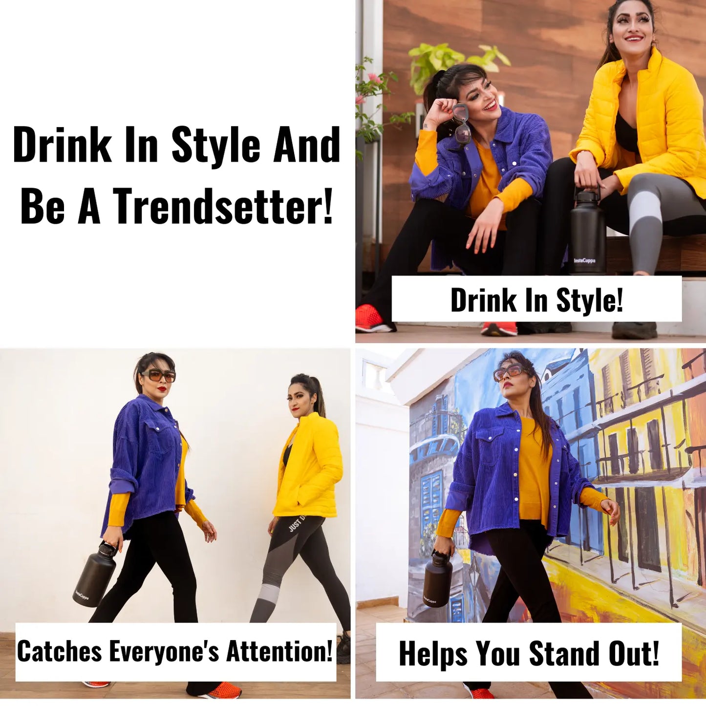 InstaCuppa Stainless Steel Thermos Flask Water Bottle with Sports Sipper Lid, Double Walled Vacuum Insulation 