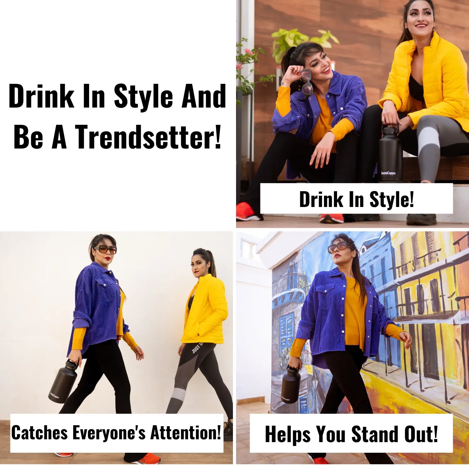 InstaCuppa Stainless Steel Thermos Flask Water Bottle with Sports Sipper Lid, Double Walled Vacuum Insulation 