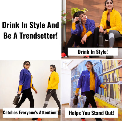 InstaCuppa Stainless Steel Thermos Flask Water Bottle with Sports Sipper Lid, Double Walled Vacuum Insulation 