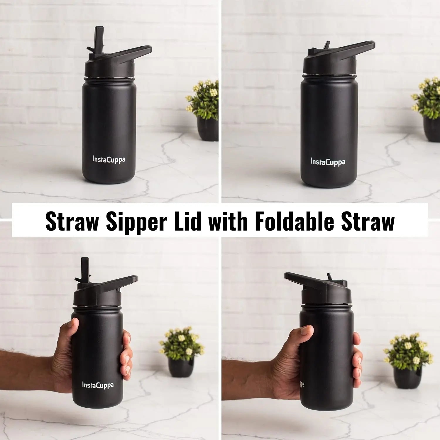 InstaCuppa Stainless Steel Thermos Flask Water Bottle with Sports Sipper Lid, Double Walled Vacuum Insulation 