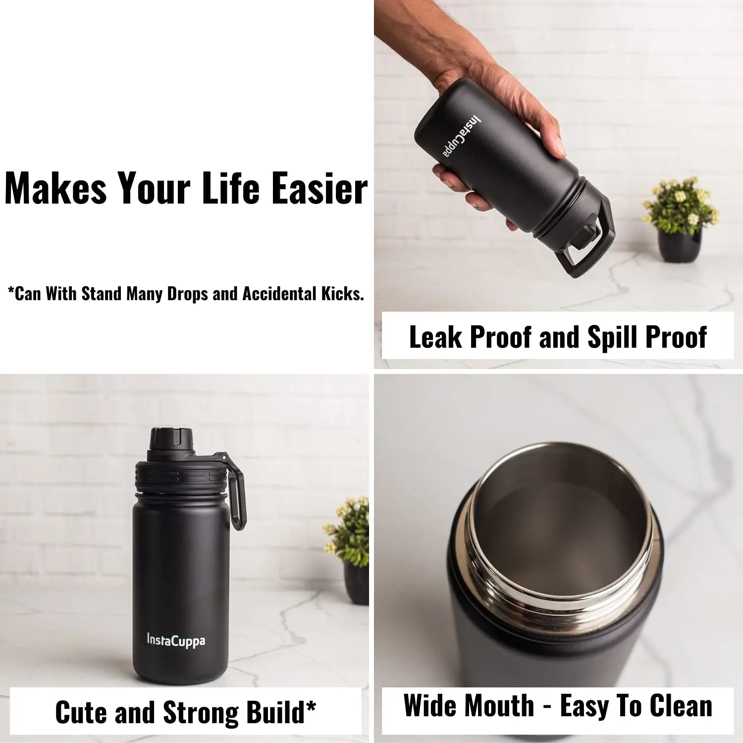 InstaCuppa Stainless Steel Thermos Flask Water Bottle with Sports Sipper Lid, Double Walled Vacuum Insulation 