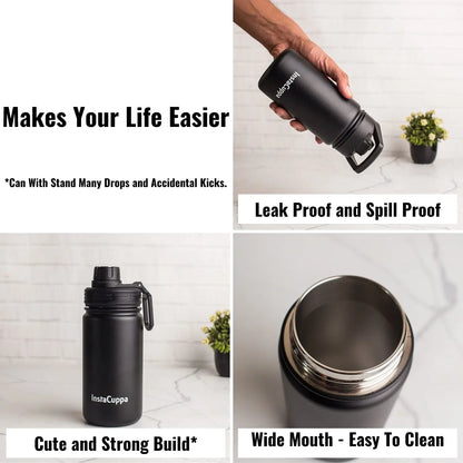 InstaCuppa Stainless Steel Thermos Flask Water Bottle with Sports Sipper Lid, Double Walled Vacuum Insulation 