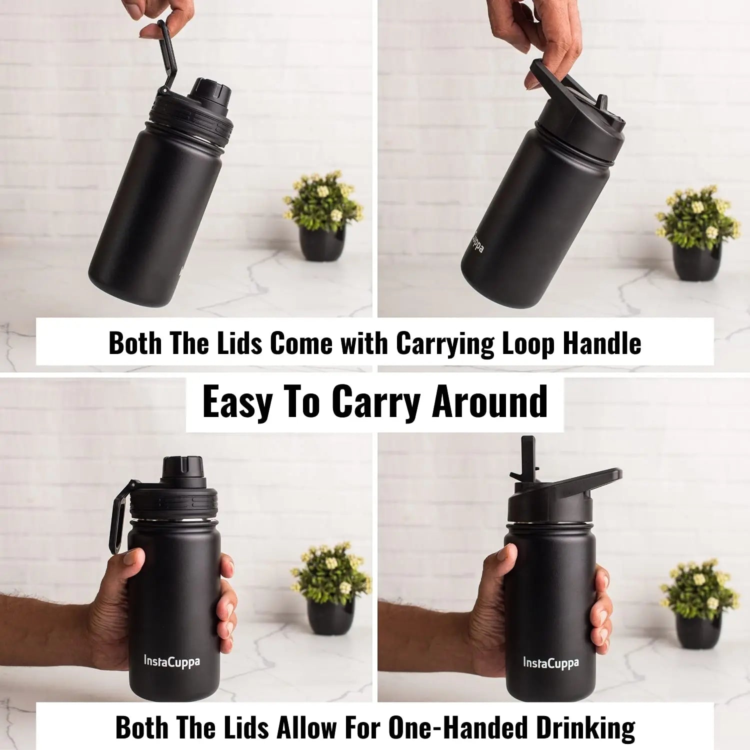InstaCuppa Stainless Steel Thermos Flask Water Bottle with Sports Sipper Lid, Double Walled Vacuum Insulation 