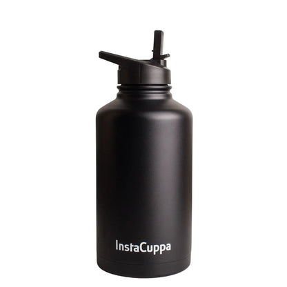 InstaCuppa Stainless Steel Thermos Flask Water Bottle with Straw Sipper Lid, Double Walled Vacuum Insulation  2000 ML / Black