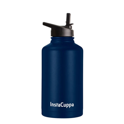 InstaCuppa Stainless Steel Thermos Flask Water Bottle with Straw Sipper Lid, Double Walled Vacuum Insulation  2000 ML / Navy Blue