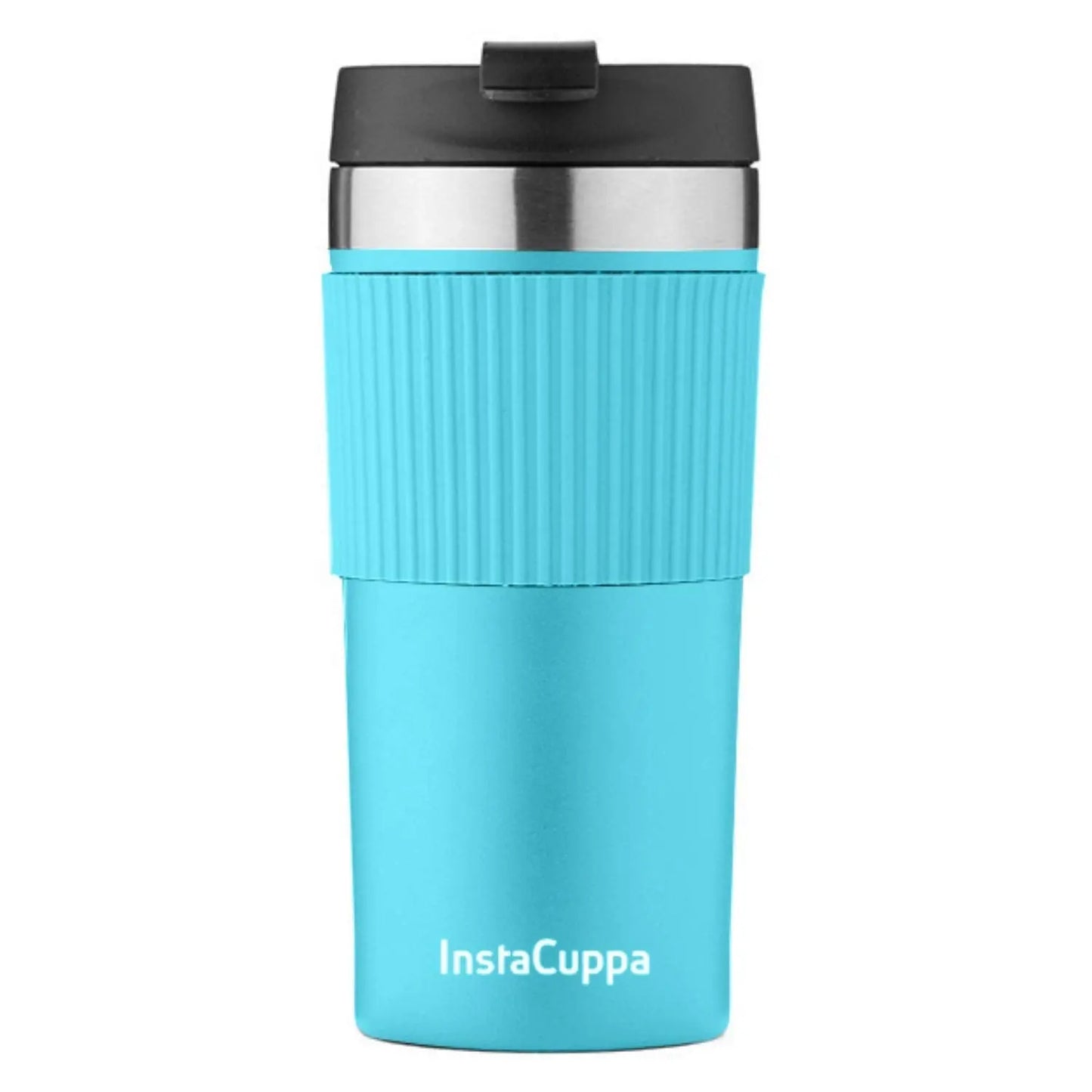 InstaCuppa Stainless Steel Thermos Travel Mug with Double Walled Vacuum Insulation, Flip Top Sipper Lid, Anti-Slip Silicone Grip  400 ML / Green + Sleeve