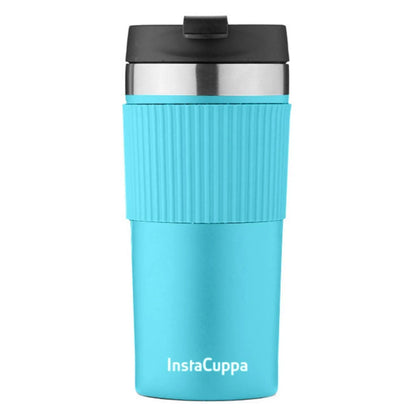 InstaCuppa Stainless Steel Thermos Travel Mug with Double Walled Vacuum Insulation, Flip Top Sipper Lid, Anti-Slip Silicone Grip  400 ML / Green + Sleeve